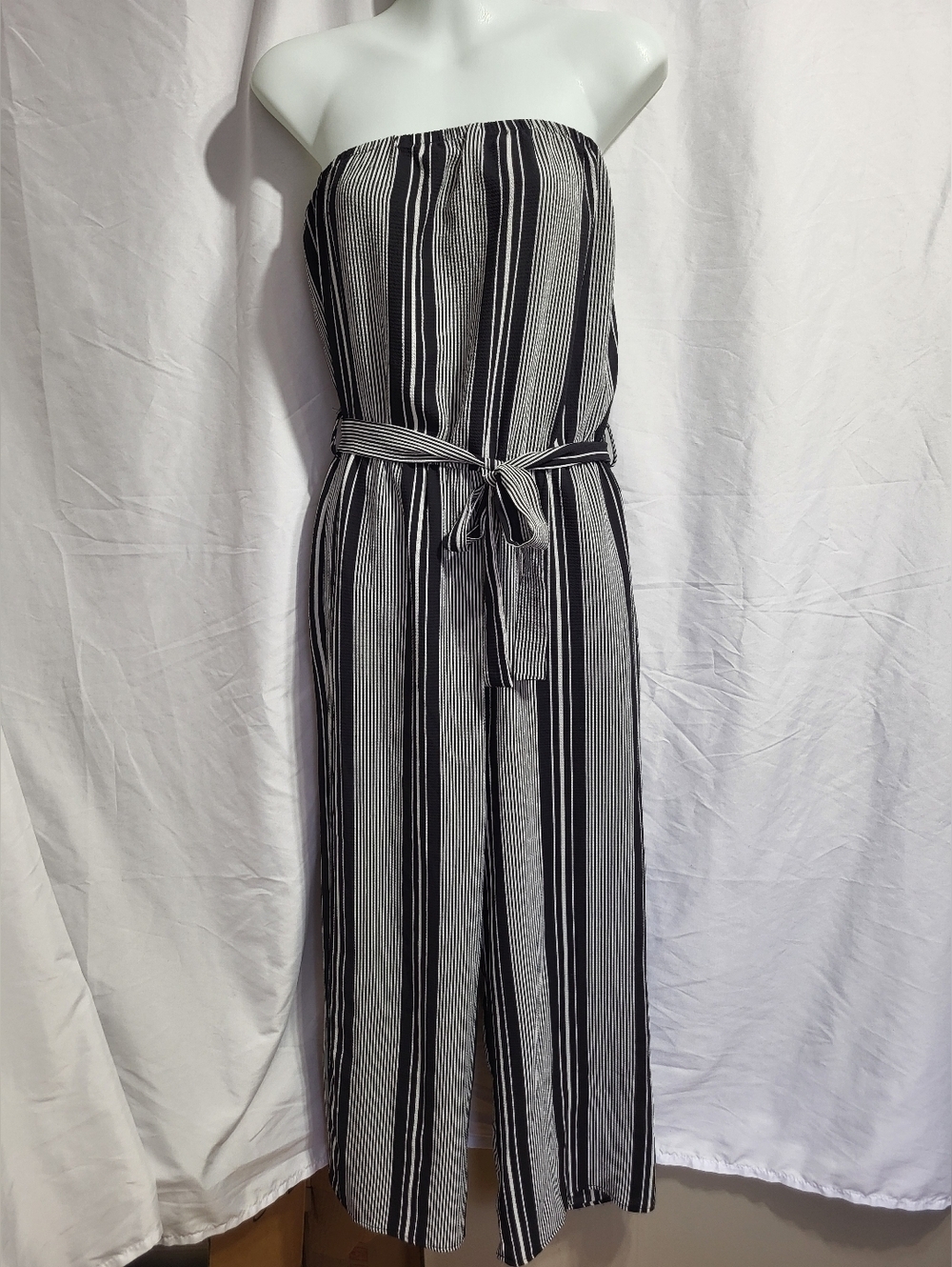 Eclipse Black & White Strapless Striped Jumpsuit with Waist Tie, Size XS